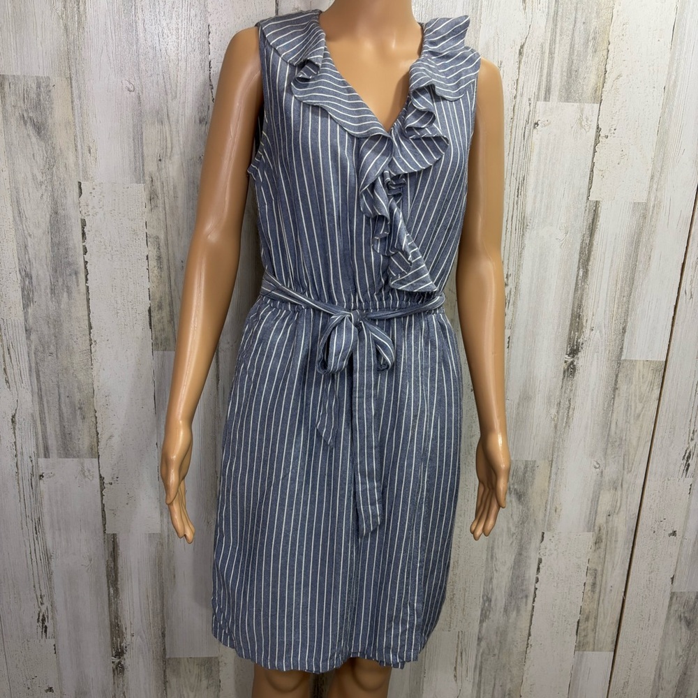 Banana Republic Factory‎ Striped Blue Sleeveless Ruffle Mock Wrap Dress